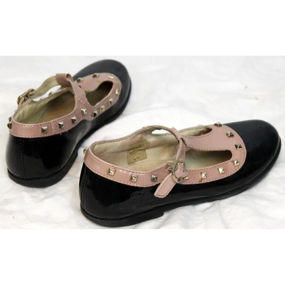Naturino Black Brown 2-tone Dance Dress Shoes sz 12-12.5 Studded T-Strap Buckle